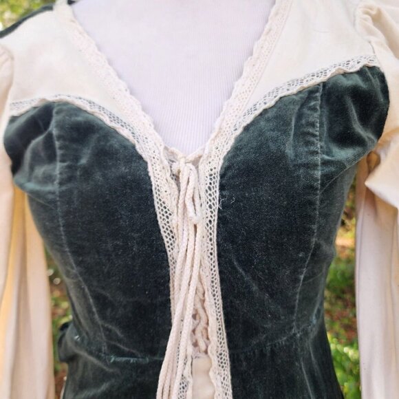 VTG GUNNE SAX PRAIRIE VELVET LONG SLEEVE LACE BOHO HIPPY DRESS GREEN IVORY 5 - Picture 5 of 16
